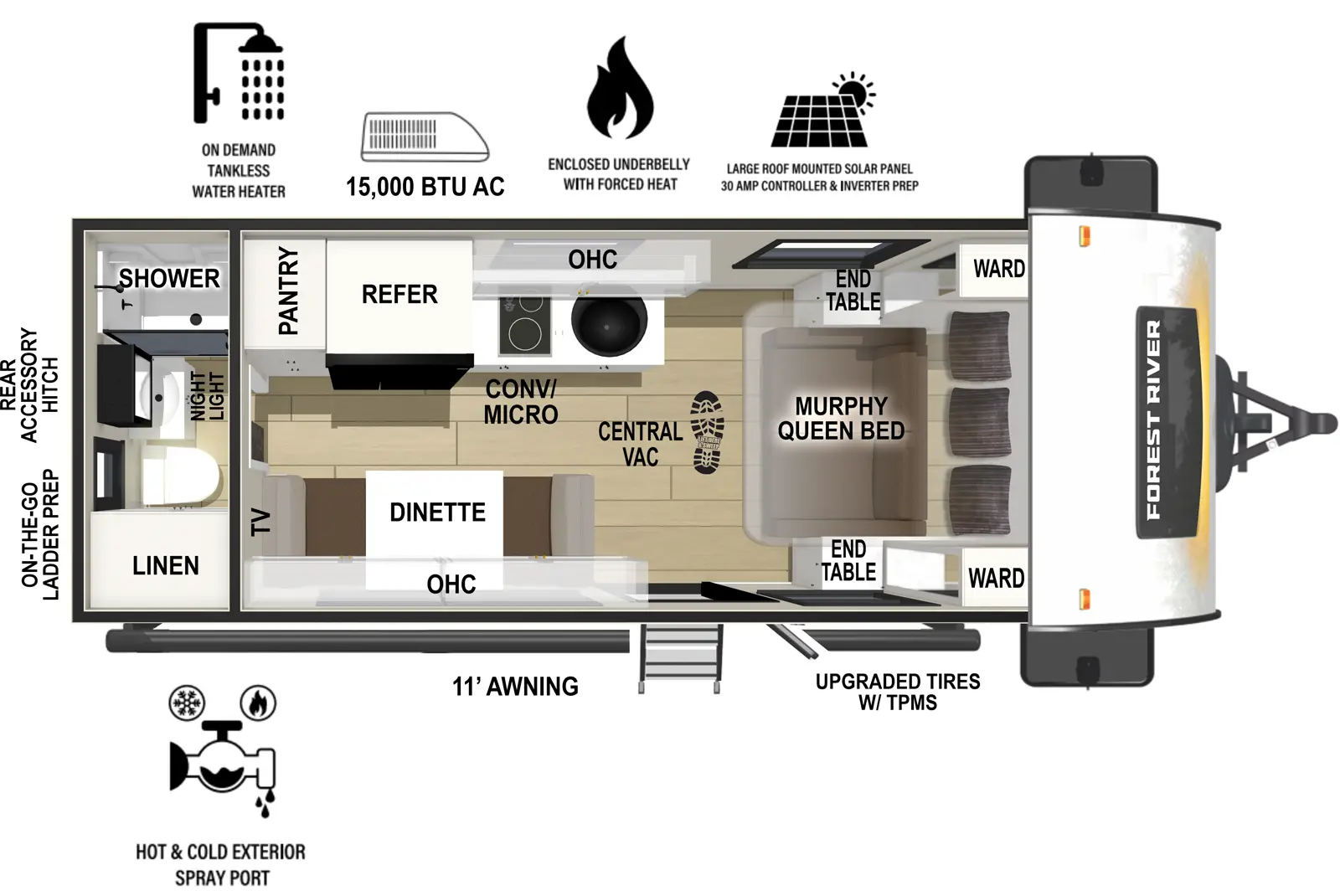 The RP-192 has zero slideouts and one entry. Exterior features 11 foot awning, upgraded tires with TPMS, hot and cold spray port, on-the-go ladder prep, rear accessory hitch, on demand tankless water heater, 15,000 BTU air conditioner, enclosed underbelly with forced heat, and large roof mounted solar panel 30 amp controller & inverter prep. Interior layout front to back: murphy queen bed with wardrobes and end tables on each side, and central vacuum; off-door side kitchen counter with sink, convection microwave, cooktop, overhead cabinet, refrigerator, and pantry; door-side entry, dinette with overhead cabinet and TV; rear full bathroom with linen closet and night light.